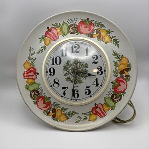 Vtg 1970s Spartus Wall Clock Kitchen Mushrooms Peppers Retro Cottage Core Boho
